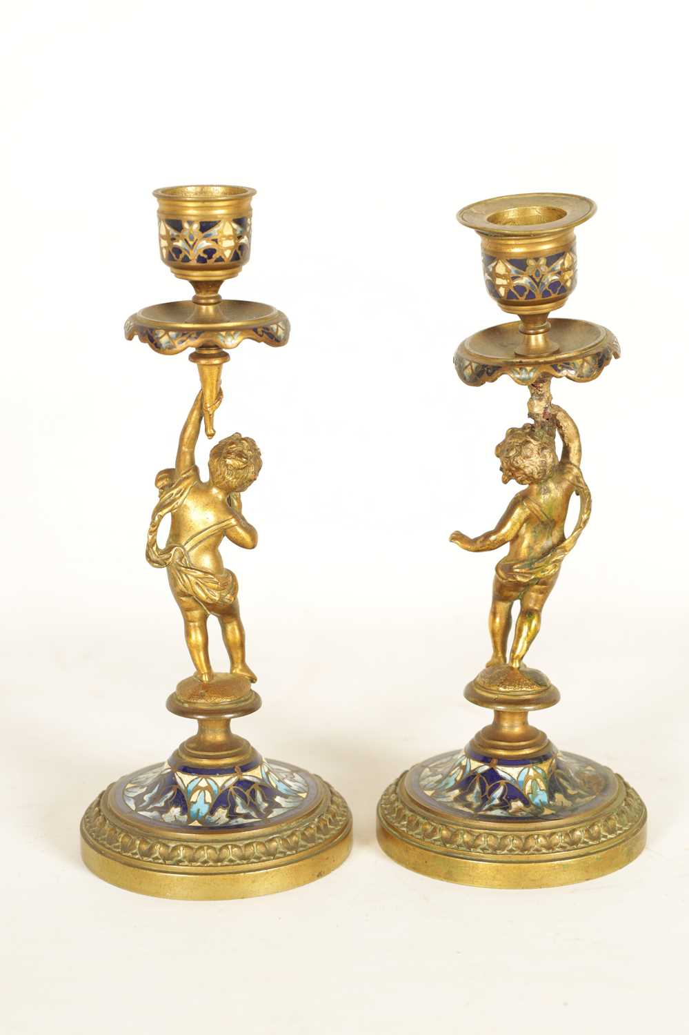 A PAIR OF 19TH CENTURY FRENCH FIGURAL GILT BRONZE AND CHAMPLEVE ENAMEL CANDLESTICKS - Image 8 of 9