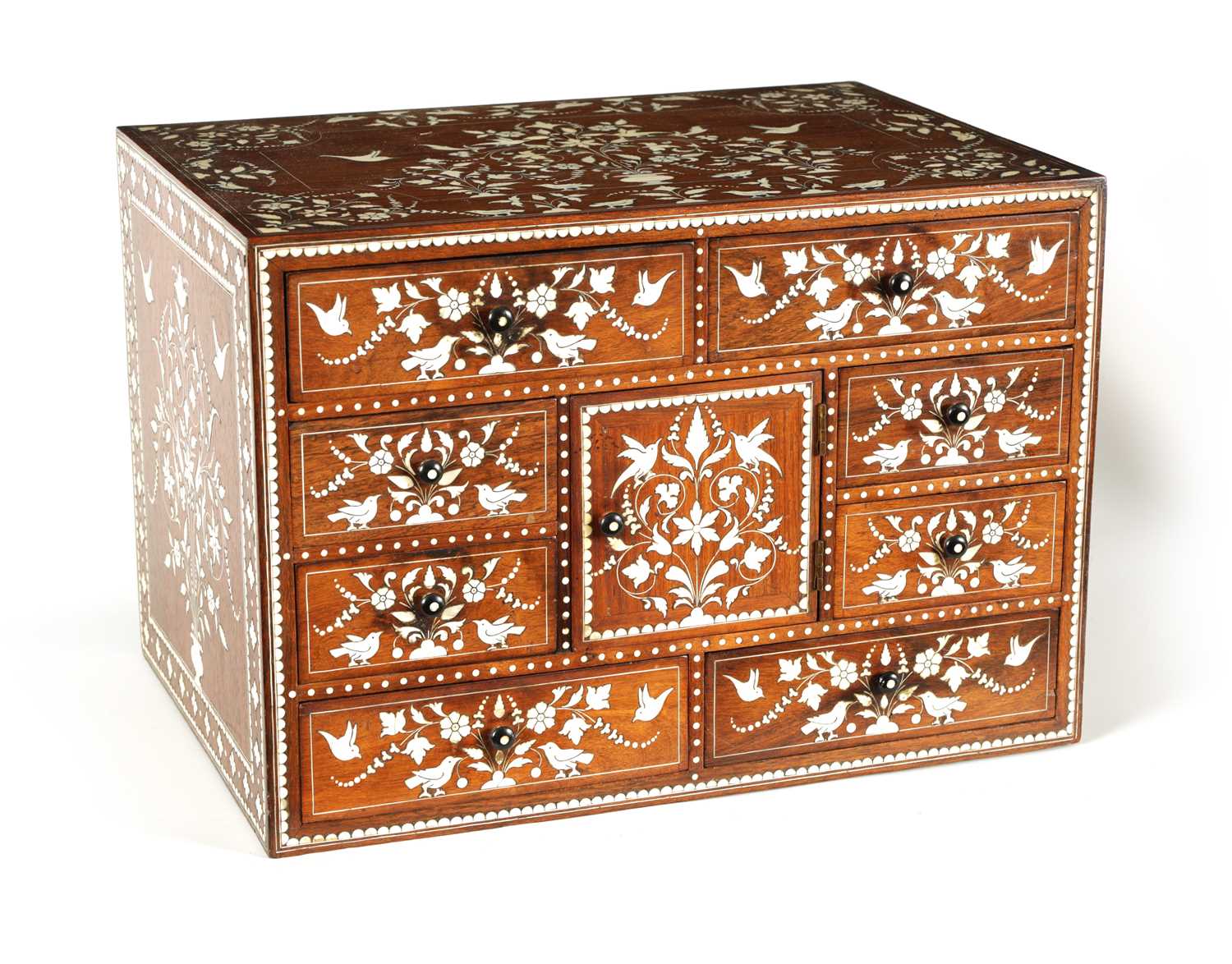 A GOOD 19TH CENTURY ANGLO INDIAN HARDWOOD AND IVORY INLAID TABLE CABINET