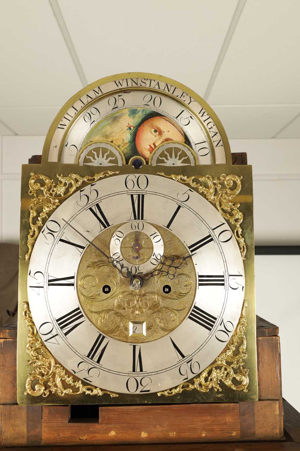 WILLIAM WINSTANLEY, WIGAN. A GEORGE III FLAME MAHOGANY EIGHT-DAY MOON ROLLER LONGCASE CLOCK - Image 10 of 10