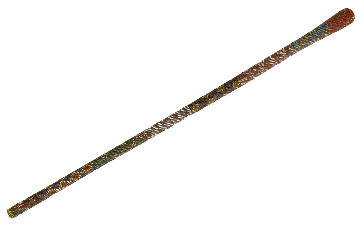 A LATE 19TH CENTURY ZULU COLOURED BEADWORK WALKING CANE