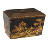 A LATE GEORGIAN BLACK LACQUER AND CHINOISERRIE SARCOPHAGUS TEA CADDY