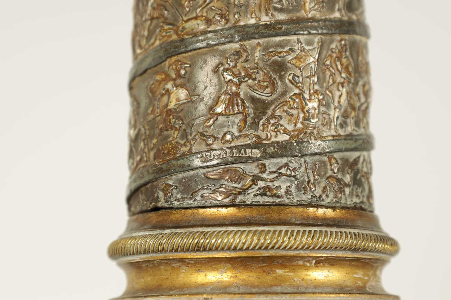 AN UNUSUAL EARLY 19TH CENTURY TOLEWARE AND GILT BRONZE LAMP BASE SIGNED J J.ALLARS MODELLED AS TRAJA - Image 8 of 12