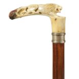 A FINE LATE 19TH CENTURY CARVED ANTLER HORN WALKING STICK