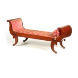 A 19TH CENTURY FRENCH BIEDERMEIER MAHOGANY SCROLL-ENDED UPHOLSTERED CHAISE LONGUE