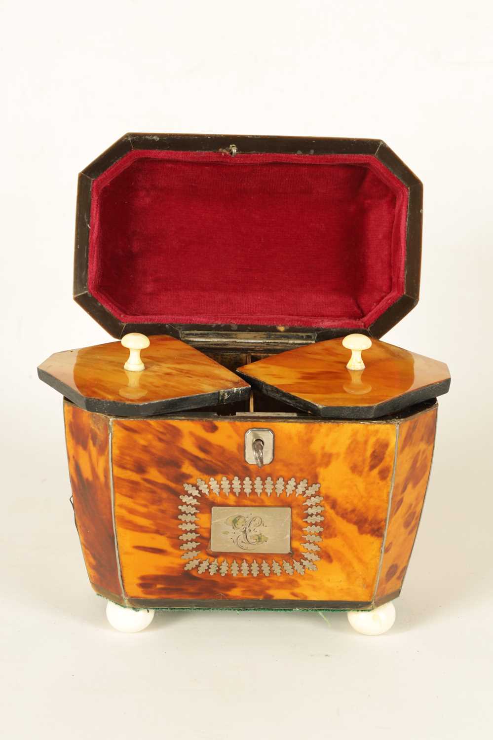 A REGENCY TORTOISESHELL AND IVORY BANDED SARCOPHAGUS TEA CADDY - Image 9 of 10