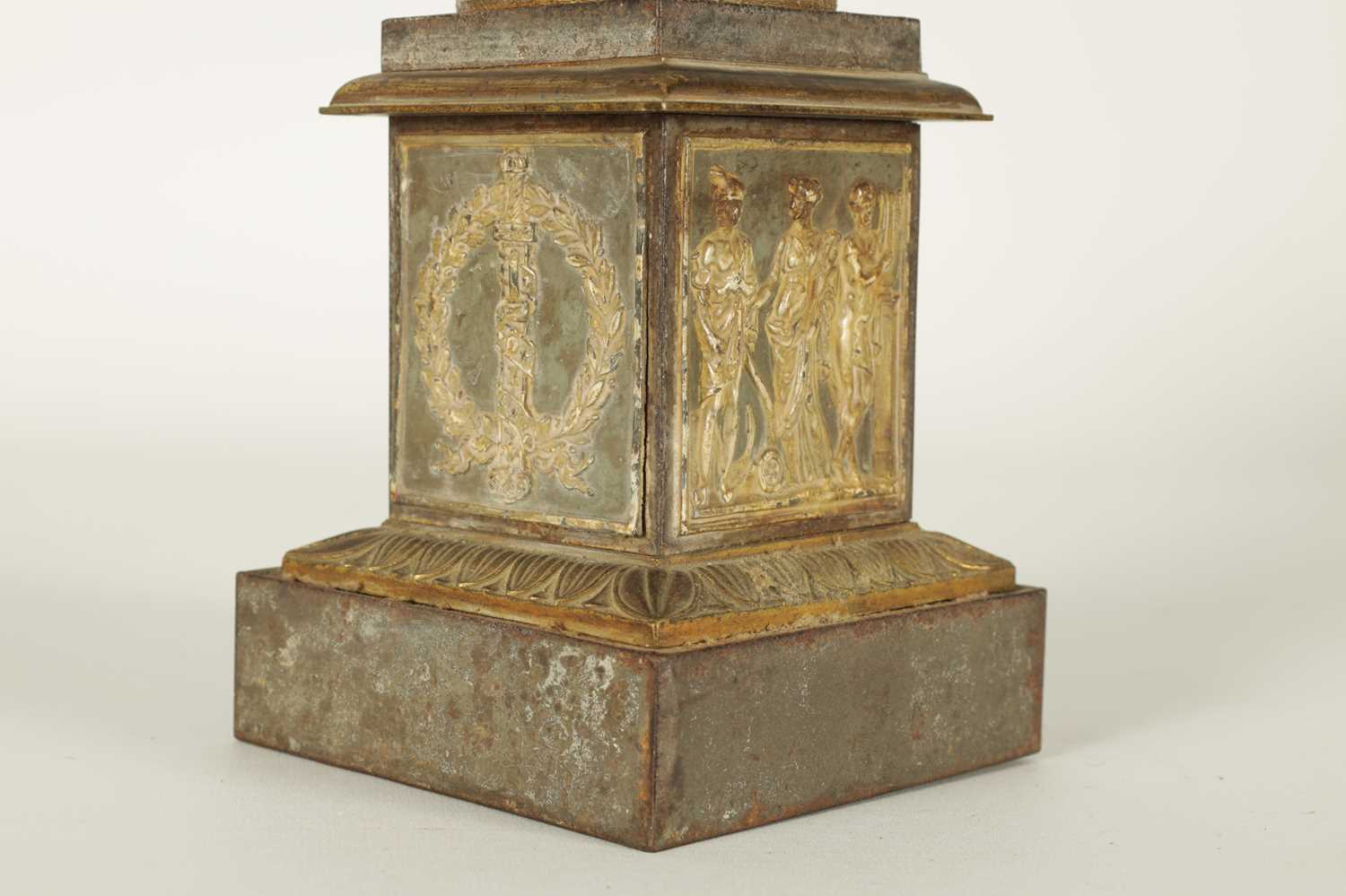 AN UNUSUAL EARLY 19TH CENTURY TOLEWARE AND GILT BRONZE LAMP BASE SIGNED J J.ALLARS MODELLED AS TRAJA - Image 9 of 12