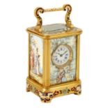 A FINE LATE 19TH CENTURY FRENCH GILT BRASS AND CHAMPLEVE ENAMEL SMALL CARRIAGE CLOCK WITH LIMOGES EN