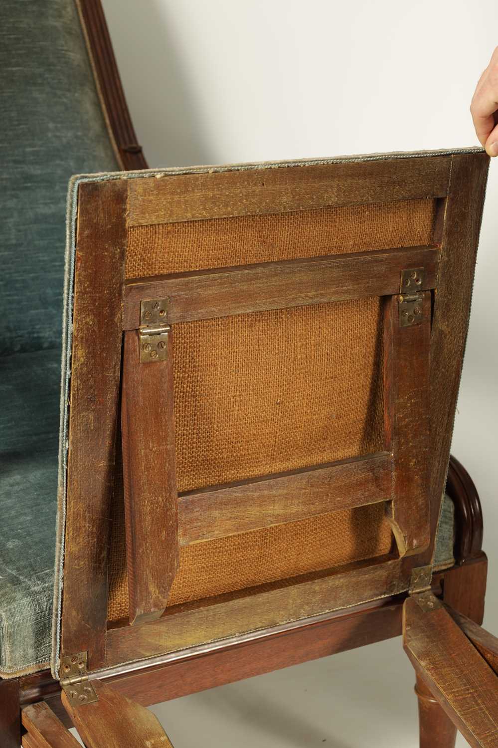 A PAIR OF LATE REGENCY UPHOLSTERED MAHOGANY RECLINING OPEN ARM CHAIRS WITH PULL-OUT ANGLED LEG RESTS - Image 9 of 12