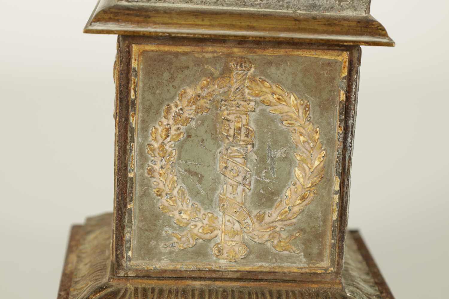 AN UNUSUAL EARLY 19TH CENTURY TOLEWARE AND GILT BRONZE LAMP BASE SIGNED J J.ALLARS MODELLED AS TRAJA - Image 7 of 12