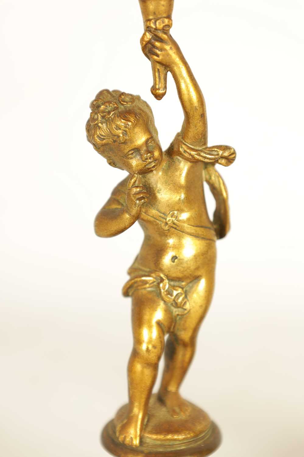 A PAIR OF 19TH CENTURY FRENCH FIGURAL GILT BRONZE AND CHAMPLEVE ENAMEL CANDLESTICKS - Image 6 of 9