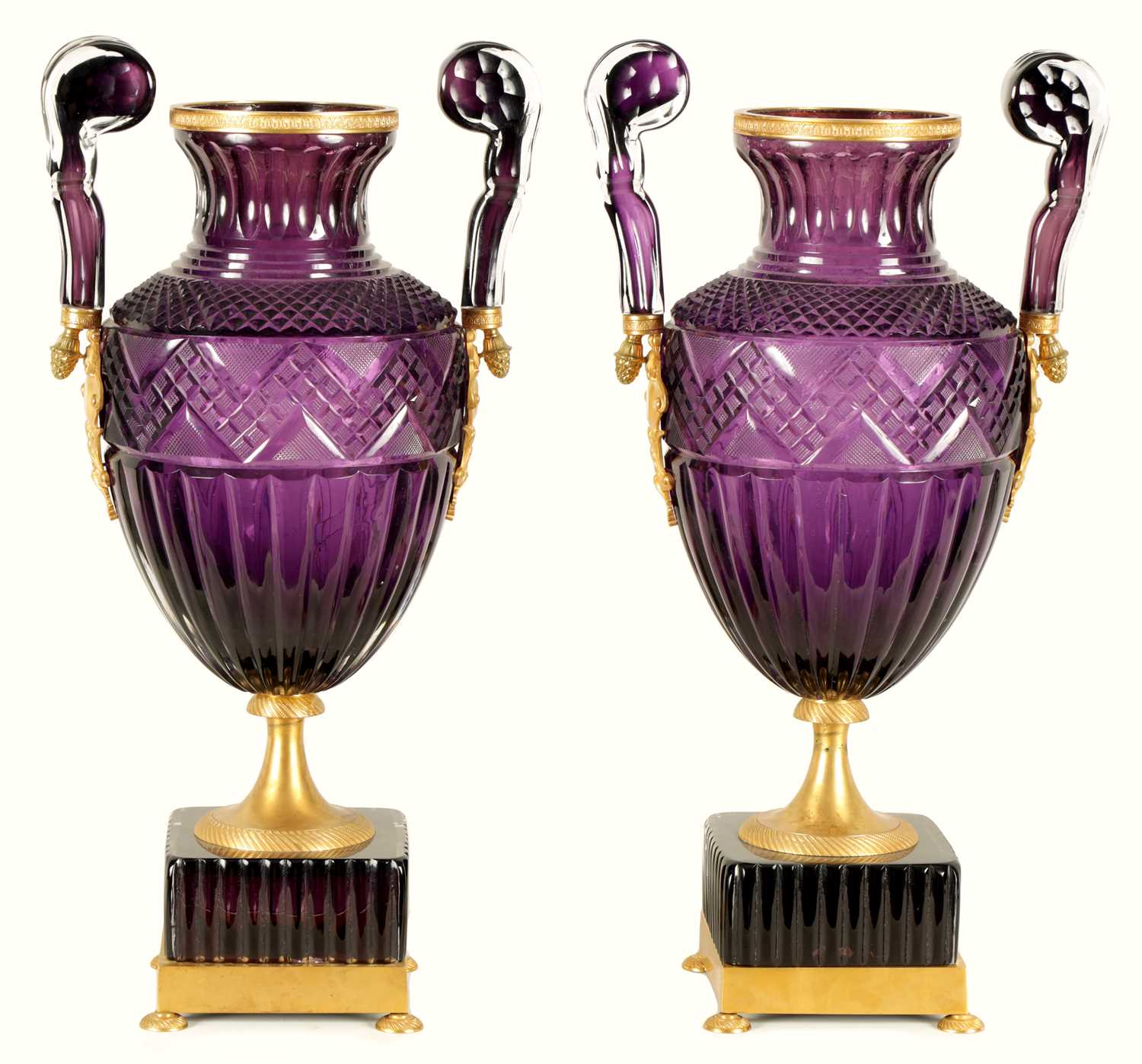A LARGE PAIR OF LATE 19TH/EARLY 20TH CENTURY RUSSIAN ORMOLU MOUNTED AMETHYST CUT-GLASS - Image 4 of 14
