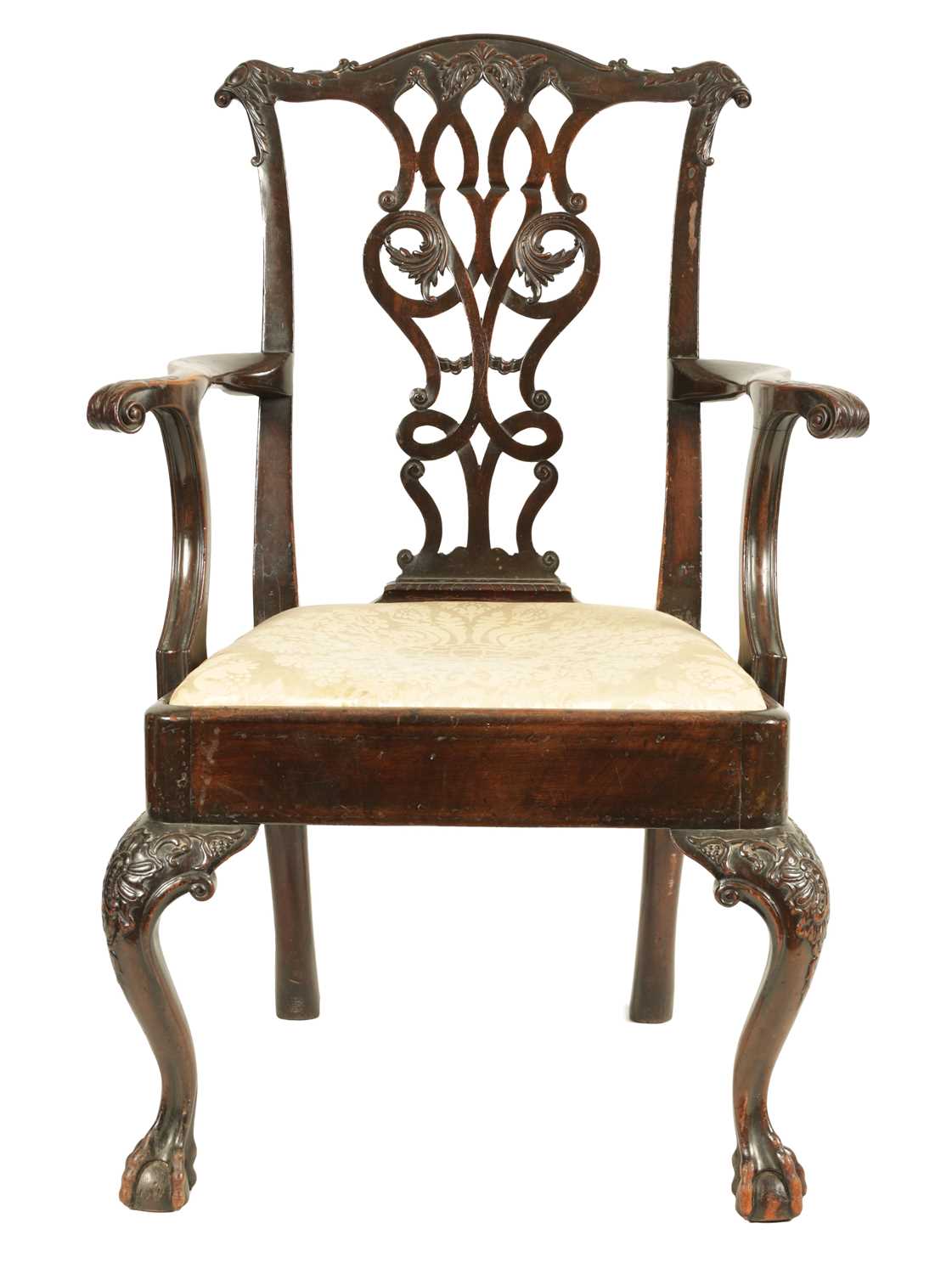 A GEORGE III CARVED MAHOGANY CHIPPENDALE STYLE OPEN ARMCHAIR