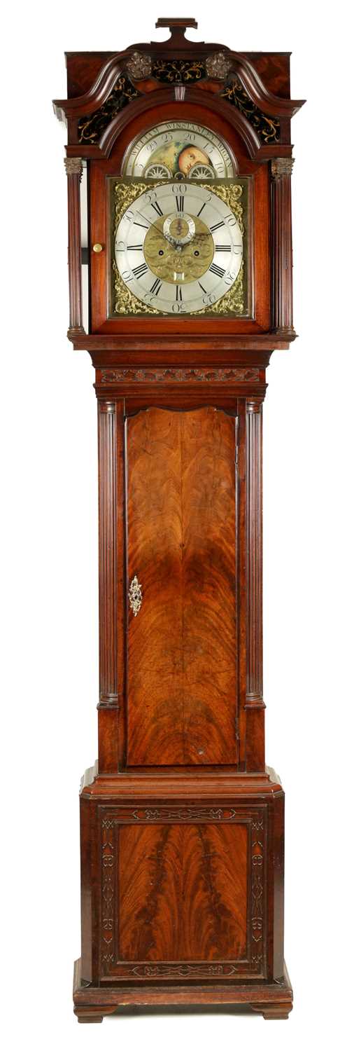 WILLIAM WINSTANLEY, WIGAN. A GEORGE III FLAME MAHOGANY EIGHT-DAY MOON ROLLER LONGCASE CLOCK