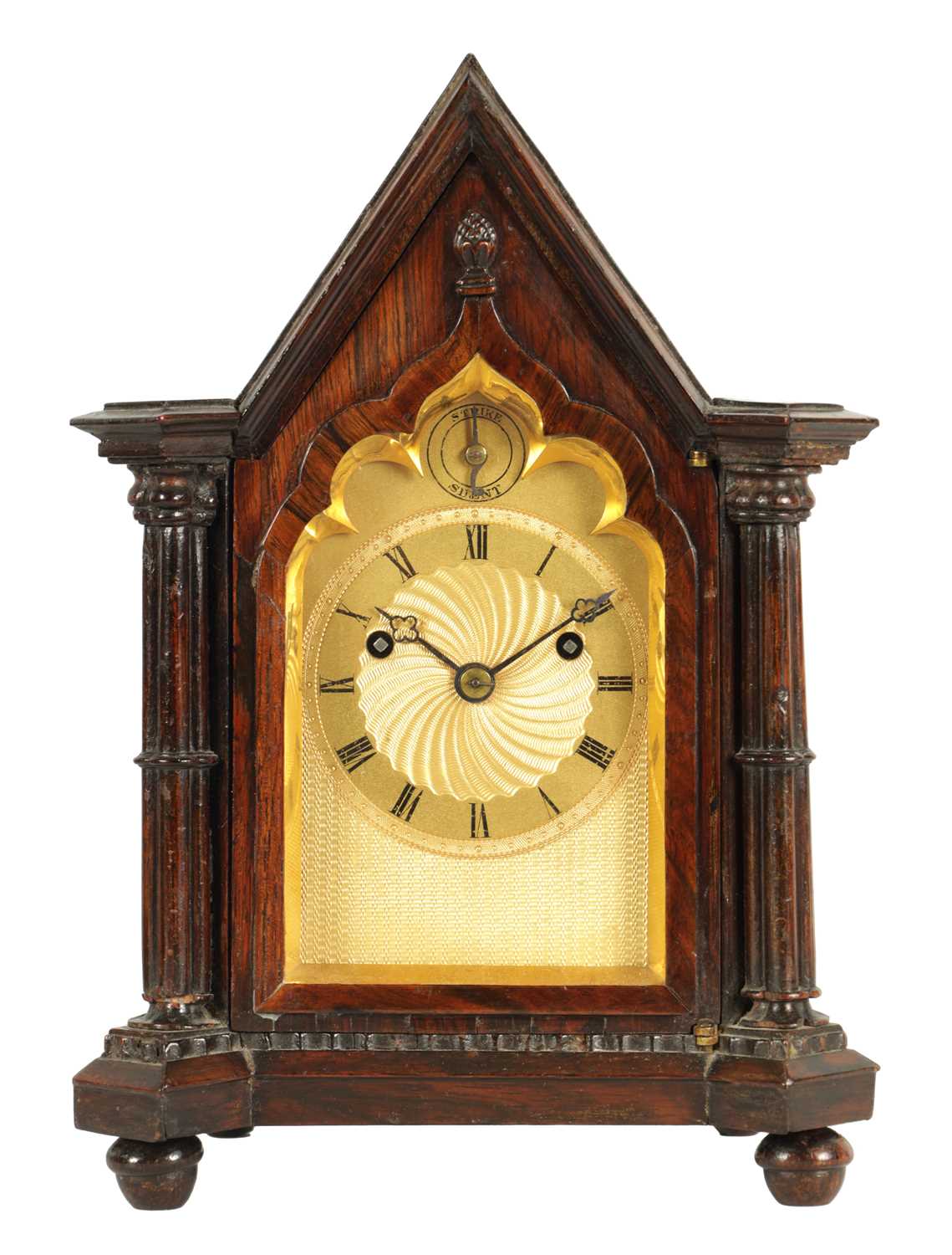 VINER & CO. LONDON. A 19TH CENTURY ROSEWOOD CASED GOTHIC REVIVAL DOUBLE FUSEE MANTEL CLOCK OF SMALL