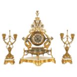 A LATE 19TH CENTURY FRENCH SILVERED AND GILT BRONZE PERSIAN STYLE CLOCK GARNITURE