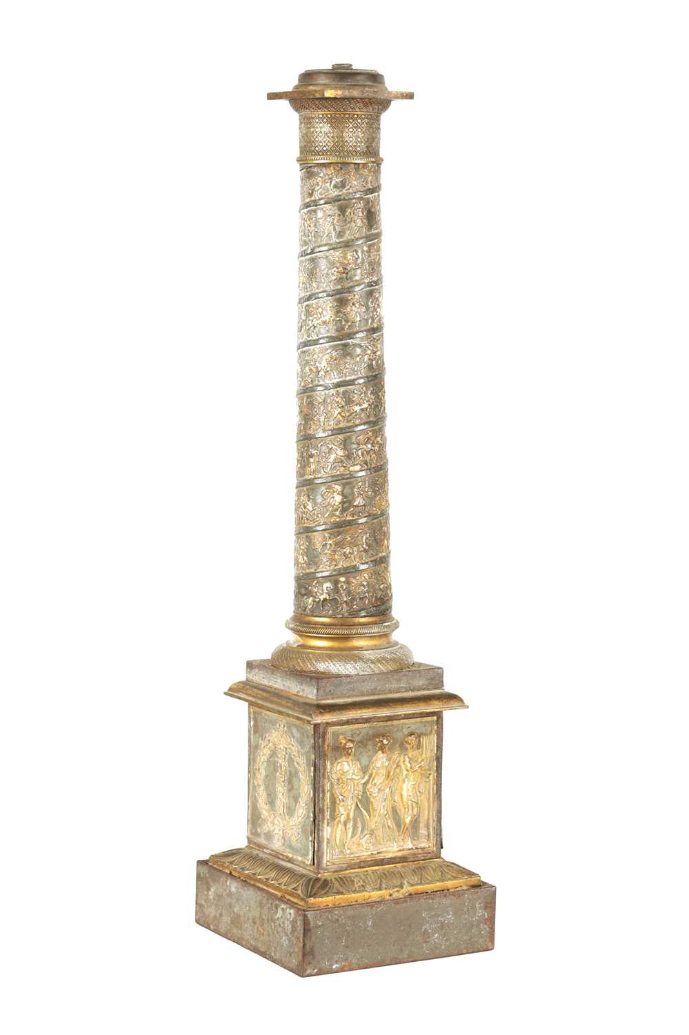 AN UNUSUAL EARLY 19TH CENTURY TOLEWARE AND GILT BRONZE LAMP BASE SIGNED J J.ALLARS MODELLED AS TRAJA