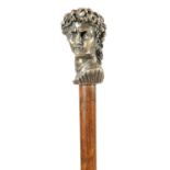 A LATE 19TH CENTURY CONTINENTAL CAST SILVER MOUNTED FIGURE HEAD WALKING CANE