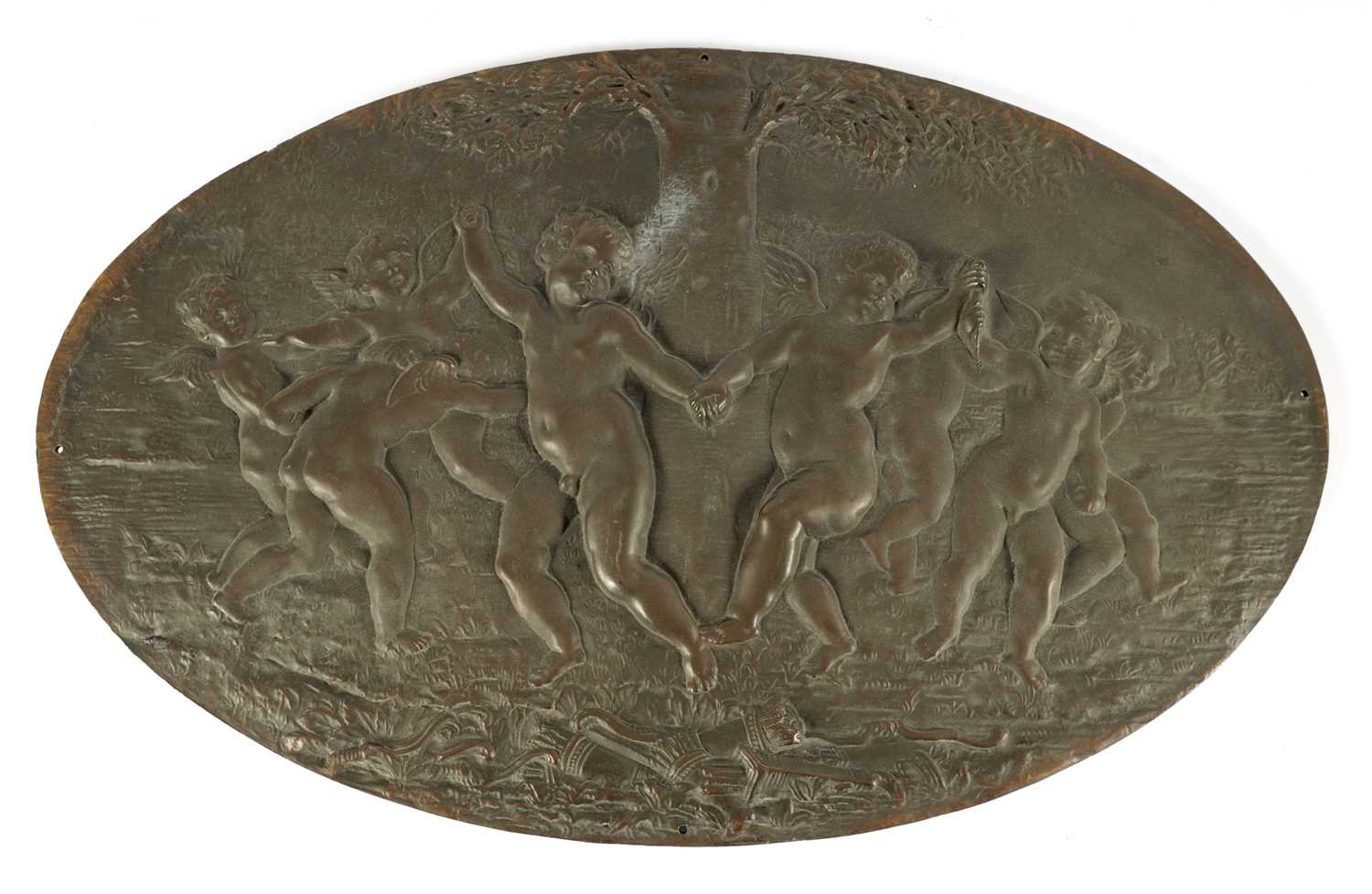 A 19TH CENTURY FRENCH PATINATED BRONZE OVAL PLAQUE OF LARGE SIZE