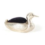 A RARE EDWARD VII SILVER PIN CUSHION IN THE FORM OF A DUCK