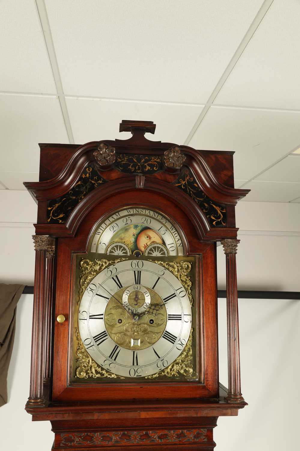 WILLIAM WINSTANLEY, WIGAN. A GEORGE III FLAME MAHOGANY EIGHT-DAY MOON ROLLER LONGCASE CLOCK - Image 8 of 10