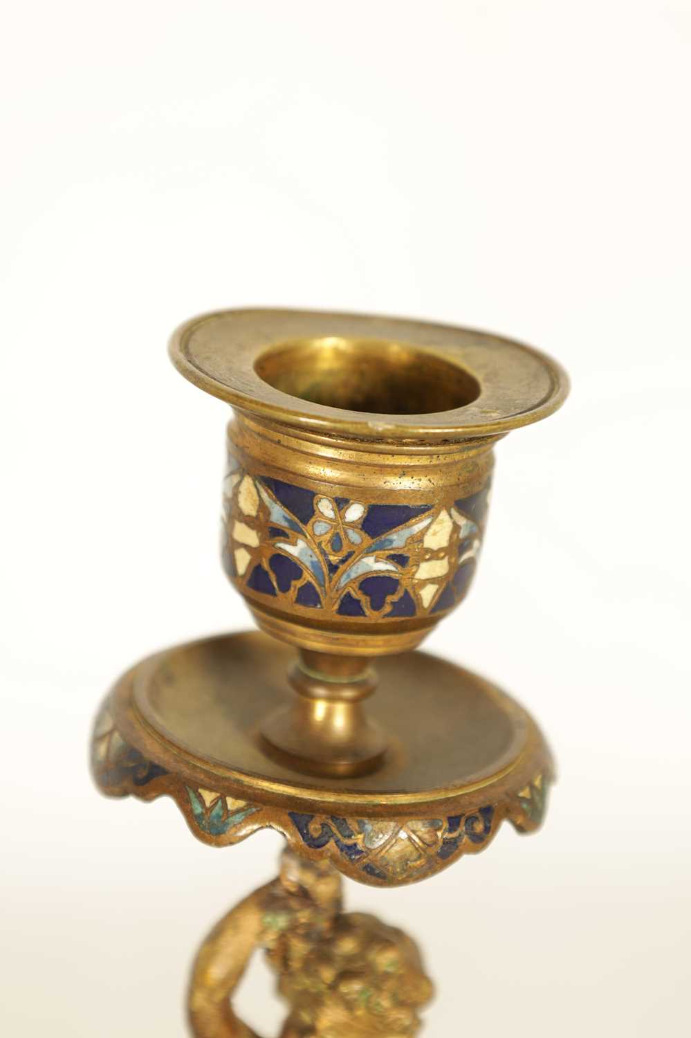 A PAIR OF 19TH CENTURY FRENCH FIGURAL GILT BRONZE AND CHAMPLEVE ENAMEL CANDLESTICKS - Image 4 of 9