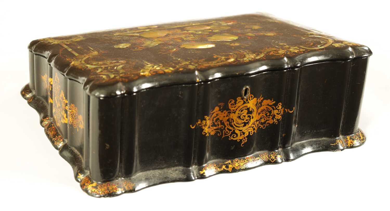 A 19TH CENTURY PAPIER MACHE AND MOTHER OF PEARL INLAID WRITING BOX