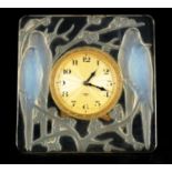 A FRENCH RENE LALIQUE ‘INSEPARABLES’ OPALESCENT MOULDED GLASS STRUT CLOCK MODEL NO. 760