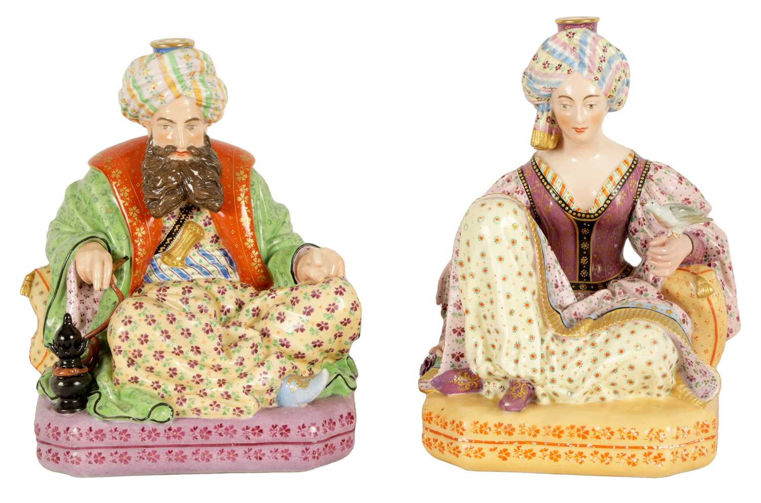 A PAIR OF 19TH CENTURY FRENCH FIGURAL PORCELAIN PERFUME BOTTLES BY JACOB PETIT