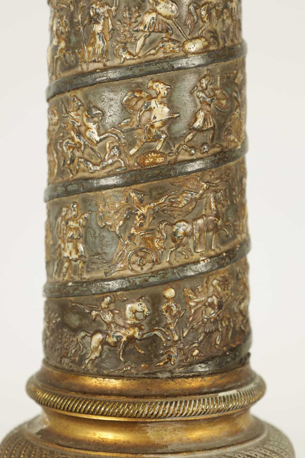 AN UNUSUAL EARLY 19TH CENTURY TOLEWARE AND GILT BRONZE LAMP BASE SIGNED J J.ALLARS MODELLED AS TRAJA - Image 4 of 12