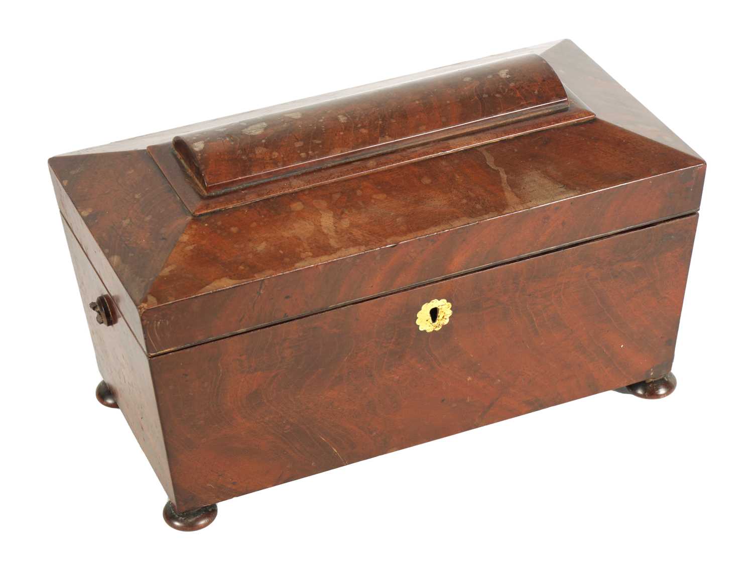 A LATE REGENCY MAHOGANY SARCOPHAGUS TEA CADDY OF LARGE SIZE