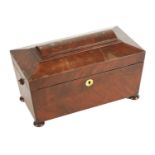 A LATE REGENCY MAHOGANY SARCOPHAGUS TEA CADDY OF LARGE SIZE