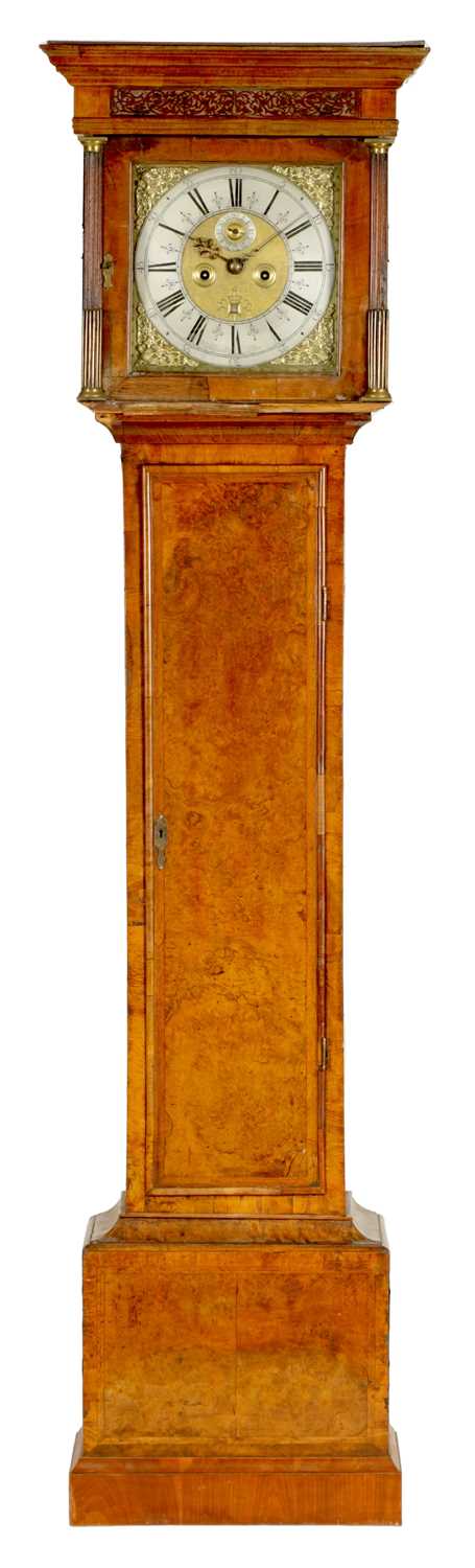 RICHARD SYMONDS, LONDON. A QUEEN ANNE FIGURED WALNUT EIGHT-DAY LONGCASE CLOCK