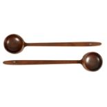 A PAIR OF GEORGE III MAHOGANY LONG HANDLED ALMS DISHES - POSSIBLY SCOTTISH OR IRISH
