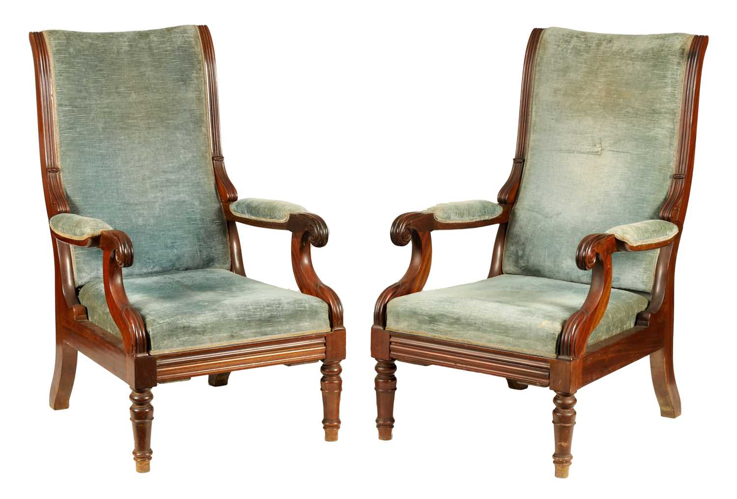 A PAIR OF LATE REGENCY UPHOLSTERED MAHOGANY RECLINING OPEN ARM CHAIRS WITH PULL-OUT ANGLED LEG RESTS