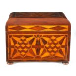 AN EARLY VICTORIAN MAHOGANY AND ROSEWOOD BANDED SPECIMEN WOOD PARQUETRY INLAID TEA CADDY OF LARGE SI