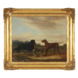 A 19TH CENTURY OIL ON CANVAS THREE DOGS IN A LANDSCAPE