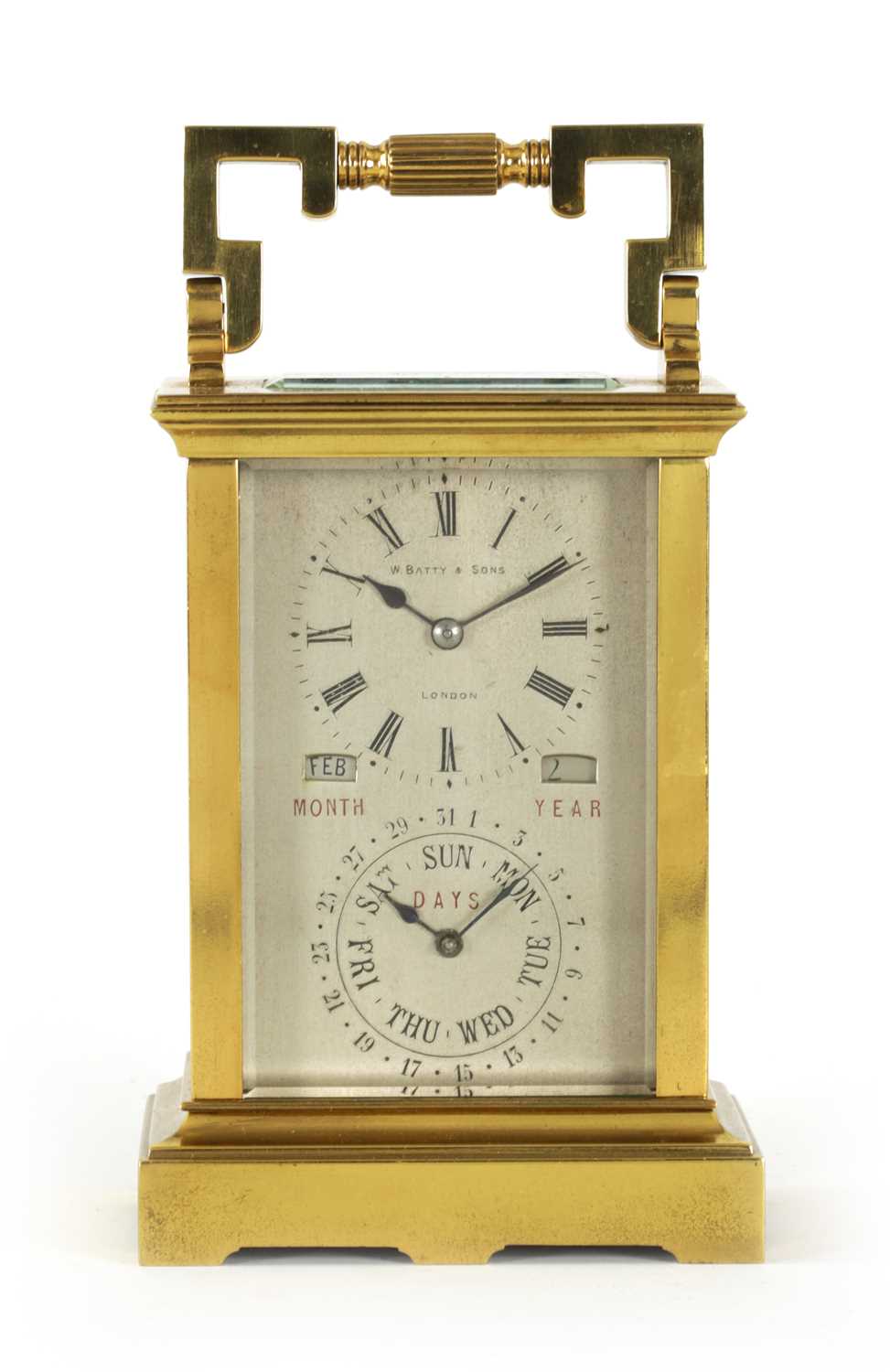 W. BATTY, LONDON. A VERY RARE LATE 19TH CENTURY FRENCH LACQUERED BRASS CARRIAGE CLOCK TIMEPIECE WIT