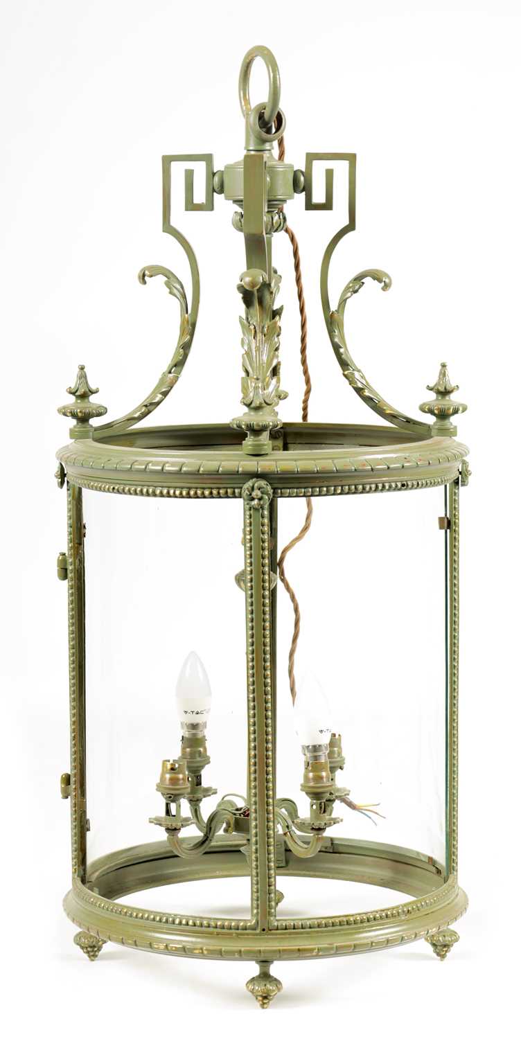 A LATE 19TH/EARLY 20TH CENTURY LATER PAINTED GILT BRASS HALL LANTERN OF LARGE SIZE