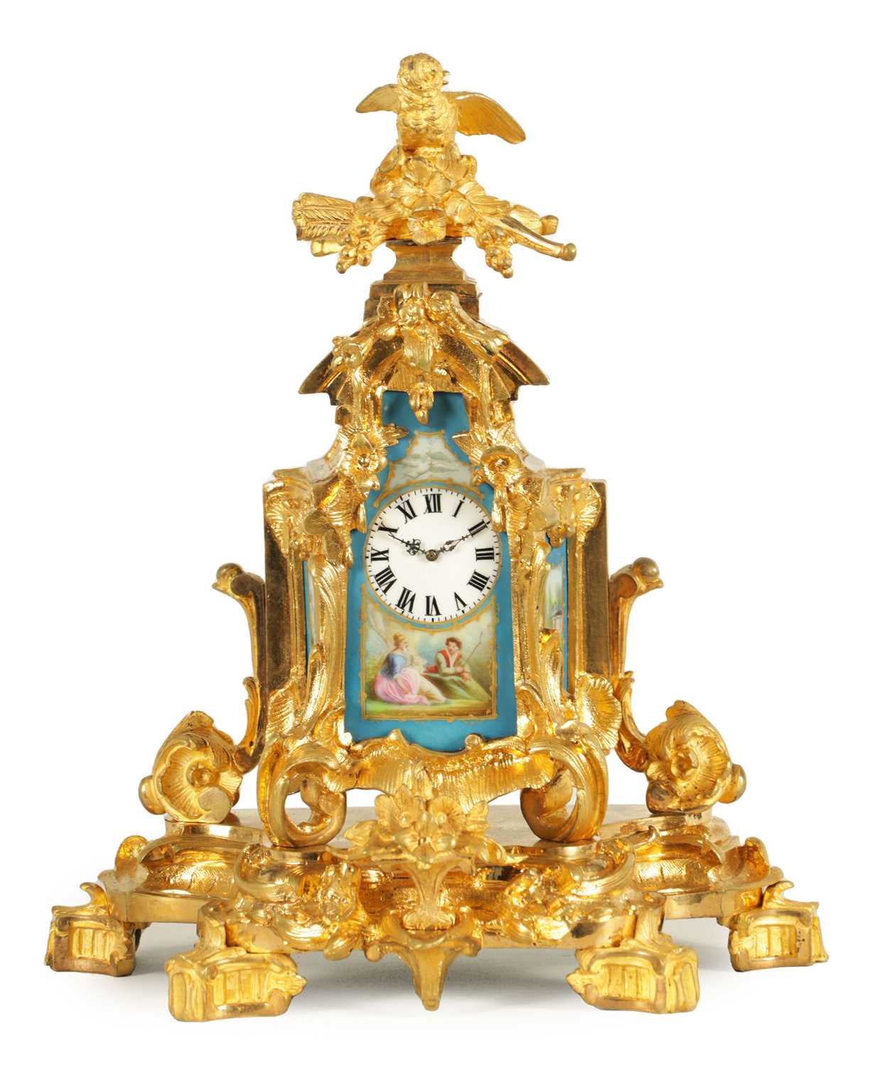 A SMALL LATE 19TH CENTURY FRENCH PORCELAIN PANELLED ORMOLU CARRIAGE STYLE MANTEL CLOCK
