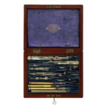ROBSON, NEWCASTLE ON TYNE. A 19TH CENTURY BRASS BOUND MAHOGANY CASED SET OF DRAWING INSTRUMENTS