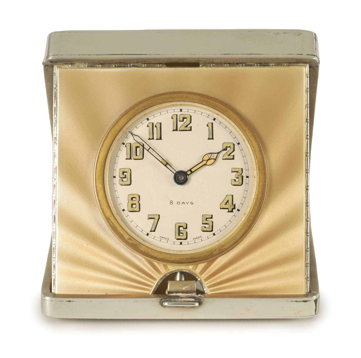 AN ART DECO SILVER AND GUILLOCHE ENAMEL TRAVELLING BOUDOIR CLOCK