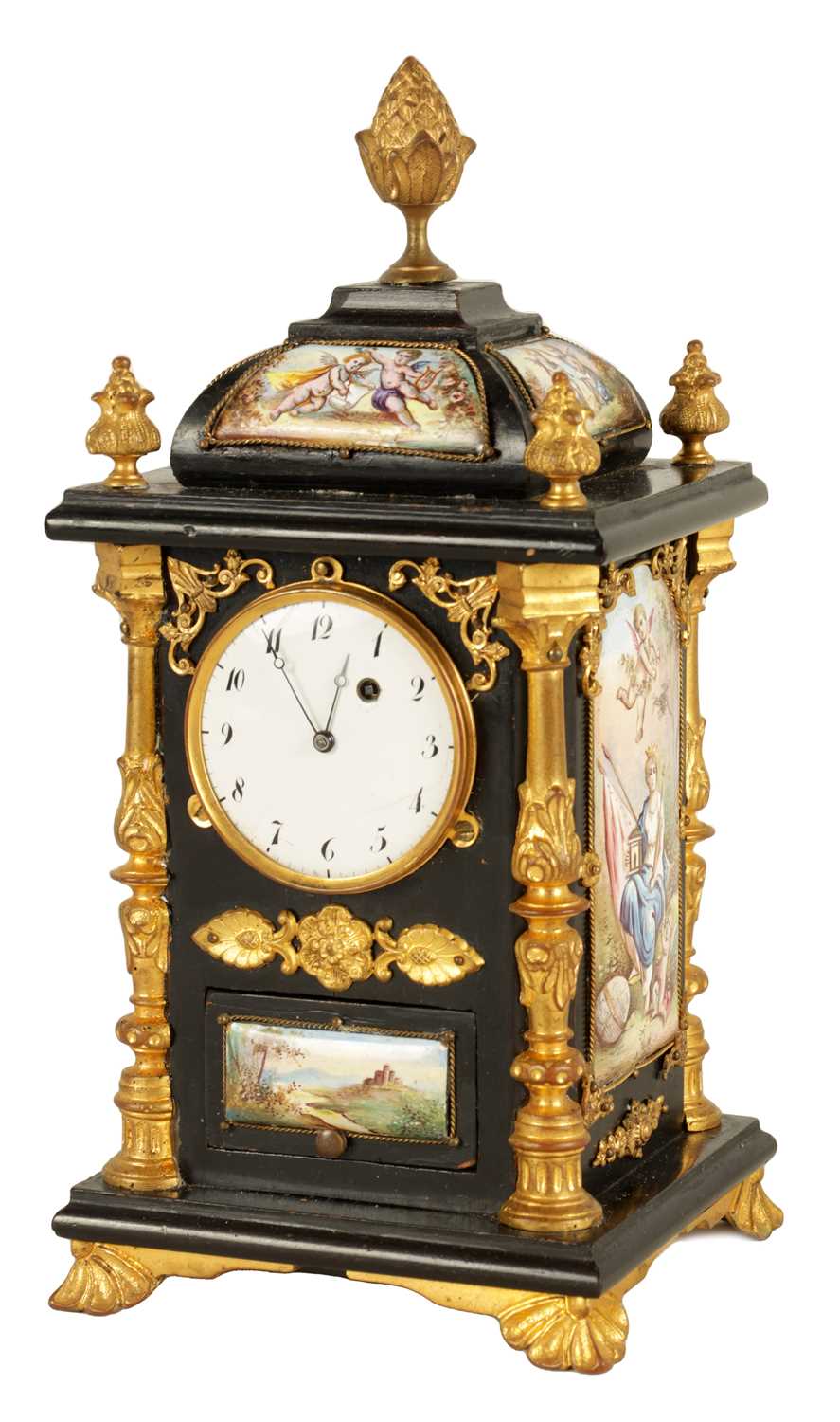 A LATE 19TH CENTURY AUSTRIAN VIENNESE EBONISED AND ENAMEL MANTEL CLOCK