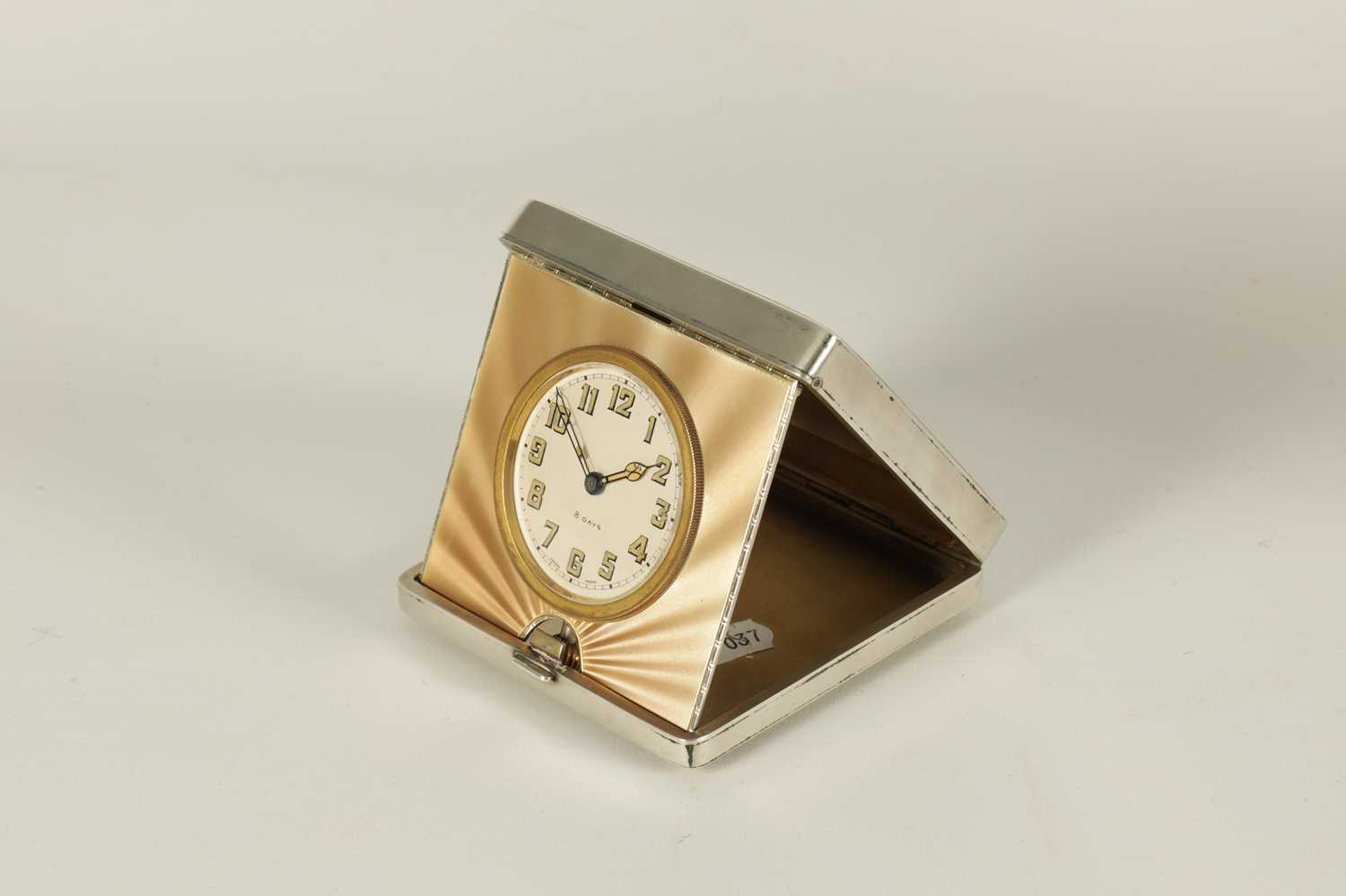 AN ART DECO SILVER AND GUILLOCHE ENAMEL TRAVELLING BOUDOIR CLOCK - Image 2 of 6