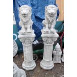 Pair of Concrete Lions mounted on Columns 100cm