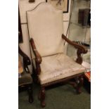Victorian Oak Scroll arm elbow chair with studded leather back and seat