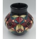 Moorcroft Squat vase with Stylised Orchid Trillium pattern, monogrammed by Nicola Slaney C.2000. 8cm