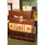 Pine planked metal bound trunk and 3 travelling cases