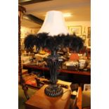20thC Table lamp with feathered shade