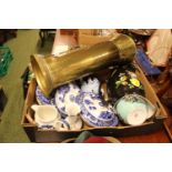 Box of assorted Ceramics inc Wade Feline Teapot, Brass Ewer etc