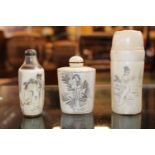 2 Carved Japanese Bovine snuff bottles with Geisha decoration and a Powder jar